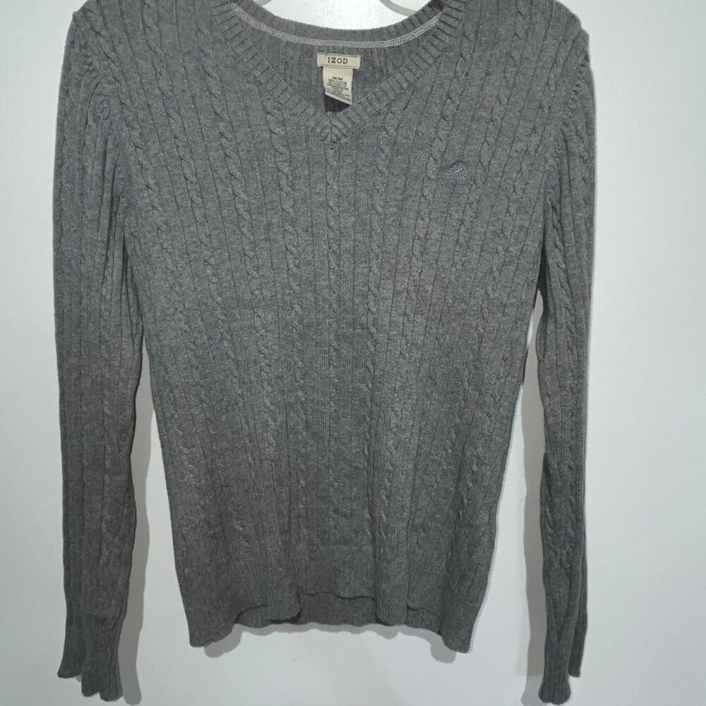 IZOD‎ Men's Gray Cable Knit Cotton V-Neck Long Sleeve Pullover Sweater Medium